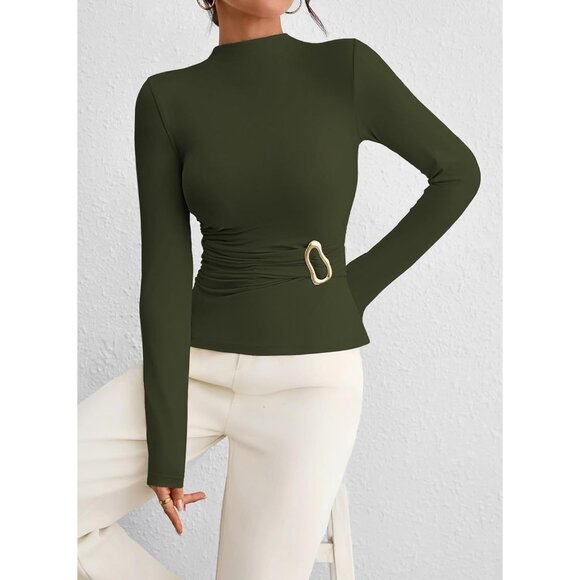 Women's Long Sleeve Mock Neck Shirt Ruched Button Detail Slim Fit Casual - Picture 7 of 7